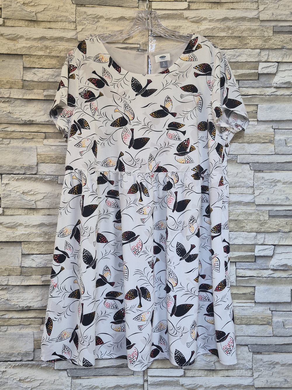 ​Old Navy Swing Dress Womens Sz XL White Bird Print Casual Short Sleeve Summer